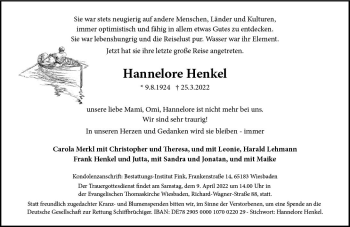 Traueranzeige von Hannelore Henkel von vrm-trauer Wiesbadener Kurier