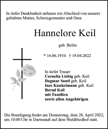 Traueranzeige von Hannelore Keil von vrm-trauer Darmstädter Echo