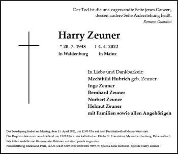 Traueranzeige von Harry Zeuner von vrm-trauer AZ Mainz