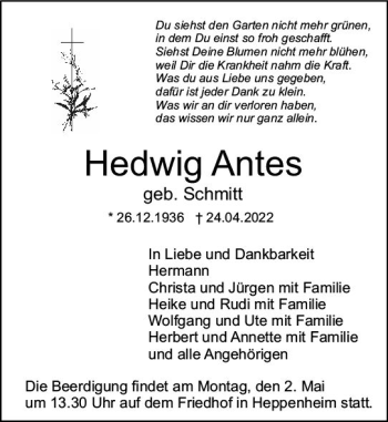 Traueranzeige von Hedwig Antes von vrm-trauer Bürstädter/Lamperth. Ztg/Starkenburger