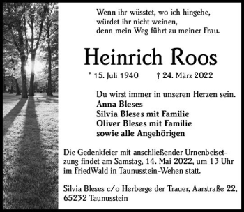 Traueranzeige von Heinrich Roos von vrm-trauer Wiesbadener Kurier