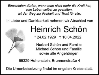 Traueranzeige von Heinrich Schön von vrm-trauer Wiesbadener Kurier