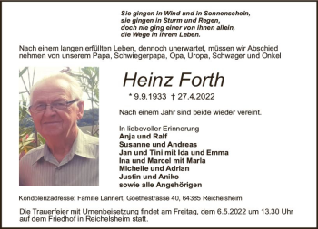 Traueranzeige von Heinz Forth von vrm-trauer Odenwälder Echo