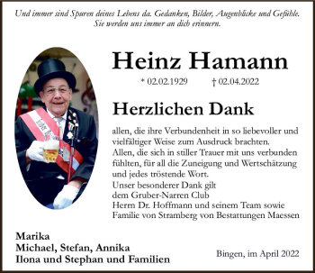 Traueranzeige von Heinz Hamann von vrm-trauer Allgemeine  Zeitung Ingelheim-Bingen
