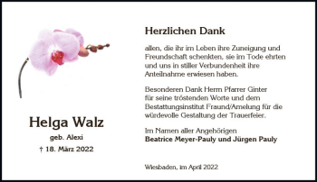 Traueranzeige von Helga Walz von vrm-trauer Wiesbadener Kurier