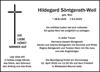 Traueranzeige von Hildegard Söntgerath-Weil von vrm-trauer Wiesbadener Kurier