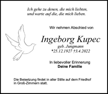 Traueranzeige von Ingeborg Kupec von vrm-trauer DieburgerAnzeiger/Groß-Zimmerner Lokala