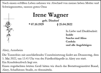 Traueranzeige von Irene Wagner von vrm-trauer Allgemeine Zeitung Alzey