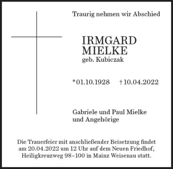Traueranzeige von Irmgard Mielke von vrm-trauer AZ Mainz