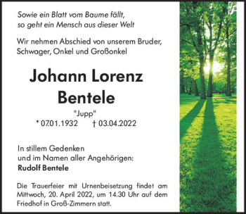 Traueranzeige von Johann Lorenz Bentele von vrm-trauer DieburgerAnzeiger/Groß-Zimmerner Lokala