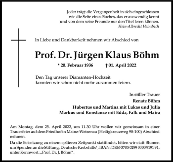 Traueranzeige von Jürgen Klaus Böhm von vrm-trauer AZ Mainz