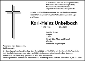 Traueranzeige von Karl-Heinz Onkelbach von vrm-trauer Allgemeine Zeitung Alzey