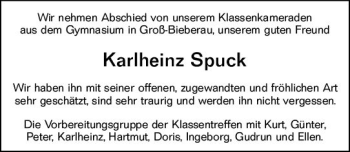 Traueranzeige von Karlheinz Spuck von vrm-trauer Darmstädter Echo