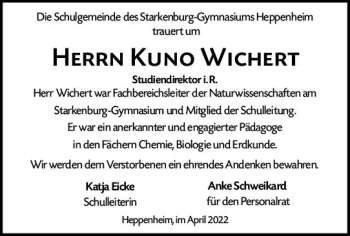 Traueranzeige von Kuno Wichert von vrm-trauer Bürstädter/Lamperth. Ztg/Starkenburger