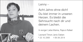 Traueranzeige von Leonard Timon Janis Sieben von vrm-trauer AZ Mainz