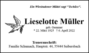 Traueranzeige von Lieselotte Müller von vrm-trauer Wiesbadener Kurier