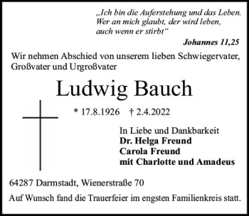 Traueranzeige von Ludwig Bauch von vrm-trauer Darmstädter Echo