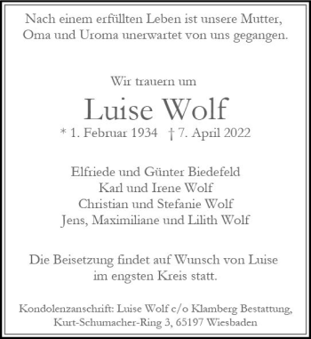Traueranzeige von Luise Wolf von vrm-trauer Wiesbadener Kurier
