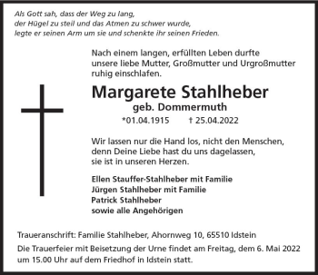 Traueranzeige von Margarete Stahlheber von vrm-trauer Idsteiner Zeitung
