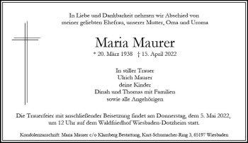 Traueranzeige von Maria Maurer von vrm-trauer Wiesbadener Kurier