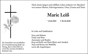 Traueranzeige von Marie Leiß von vrm-trauer Odenwälder Echo