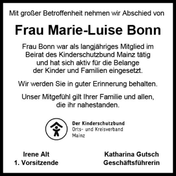 Traueranzeige von Marie-Luise Bonn von vrm-trauer AZ Mainz