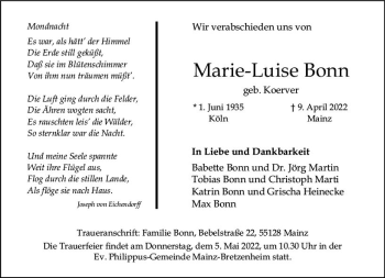 Traueranzeige von Marie-Luise Bonn von vrm-trauer AZ Mainz