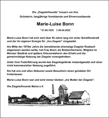 Traueranzeige von Marie-Luise Bonn von vrm-trauer AZ Mainz
