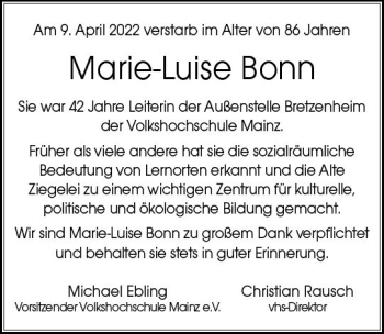 Traueranzeige von Marie-Luise Bonn von vrm-trauer AZ Mainz