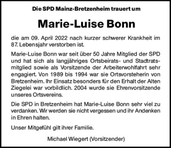 Traueranzeige von Marie-Luise Bonn von vrm-trauer AZ Mainz