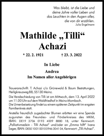 Traueranzeige von Mathilde Achazi von vrm-trauer AZ Mainz