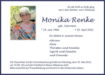 Traueranzeige von Monika Renke von vrm-trauer AZ Mainz