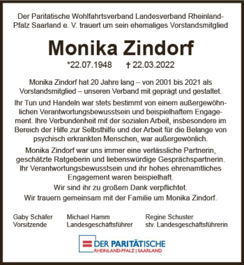 Traueranzeige von Monika Zindorf von vrm-trauer AZ Mainz