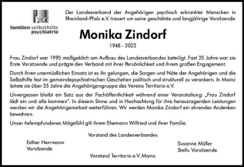 Traueranzeige von Monika Zindorf von vrm-trauer AZ Mainz