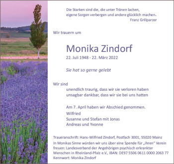 Traueranzeige von Monika Zindorf von vrm-trauer AZ Mainz
