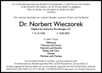 Traueranzeige von Norbert Wieczorek von vrm-trauer Rüsselsheimer Echo / MainSpitze