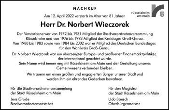 Traueranzeige von Norbert Wieczorek von vrm-trauer Rüsselsheimer Echo / MainSpitze