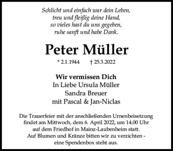 Traueranzeige von Peter Müller von vrm-trauer AZ Mainz