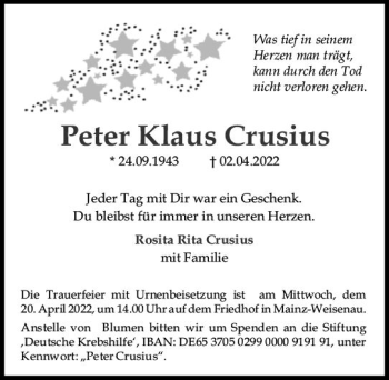 Traueranzeige von Peter Klaus Crusius von vrm-trauer AZ Mainz