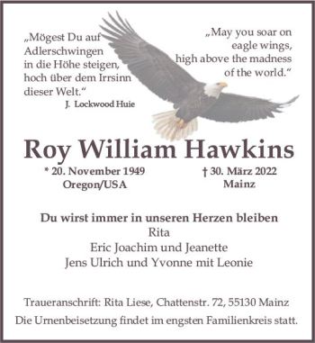 Traueranzeige von Roy William Hawkins von vrm-trauer AZ Mainz