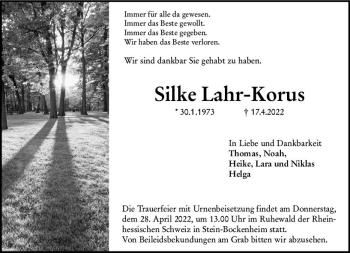 Traueranzeige von Silke Lahr-Korus von vrm-trauer Allgemeine Zeitung Alzey