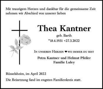 Traueranzeige von Thea Kantner von vrm-trauer Rüsselsheimer Echo / MainSpitze