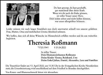 Traueranzeige von Theresia Roßmann von vrm-trauer Darmstädter Echo