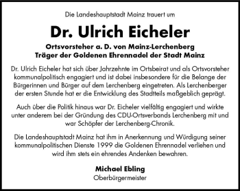 Traueranzeige von Ulrich Eicheler von vrm-trauer AZ Mainz