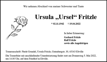 Traueranzeige von Ursula Fritzle von vrm-trauer Rheingau