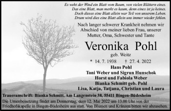 Traueranzeige von Veronika Pohl von vrm-trauer Allgemeine  Zeitung Ingelheim-Bingen