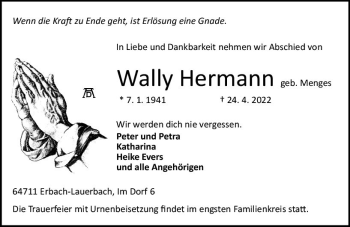 Traueranzeige von Wally Hermann von vrm-trauer Odenwälder Echo