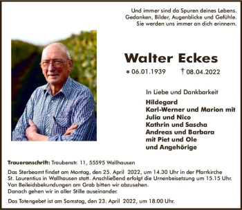 Traueranzeige von Walter Eckes von vrm-trauer Allg. Zeitung Bad Kreuznach