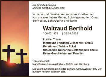 Traueranzeige von Waltraud Berthold von vrm-trauer Idsteiner Zeitung