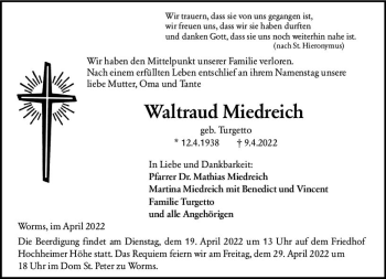 Traueranzeige von Waltraud Miedreich von vrm-trauer Wormser Zeitung